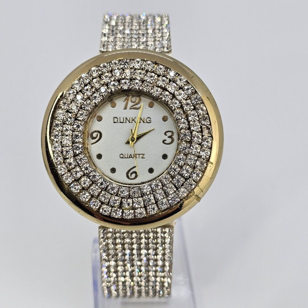 44MM Women's Watch White Dial Gemm Bezel Leather Bands 5-7" New Battery